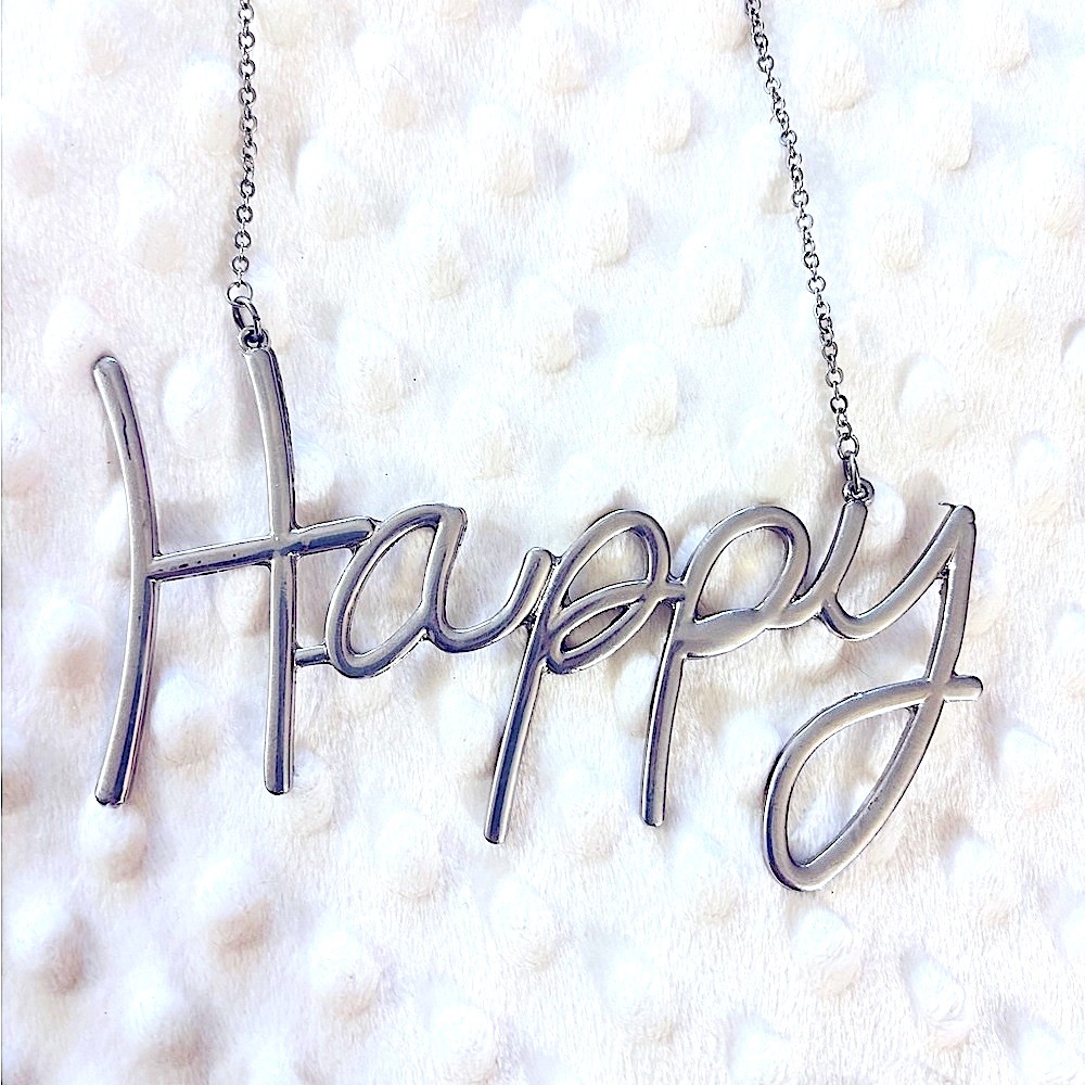 WhimsiGoth Vintage 90s Silver Script "Happy" Nameplate Carrie Necklace Y2K